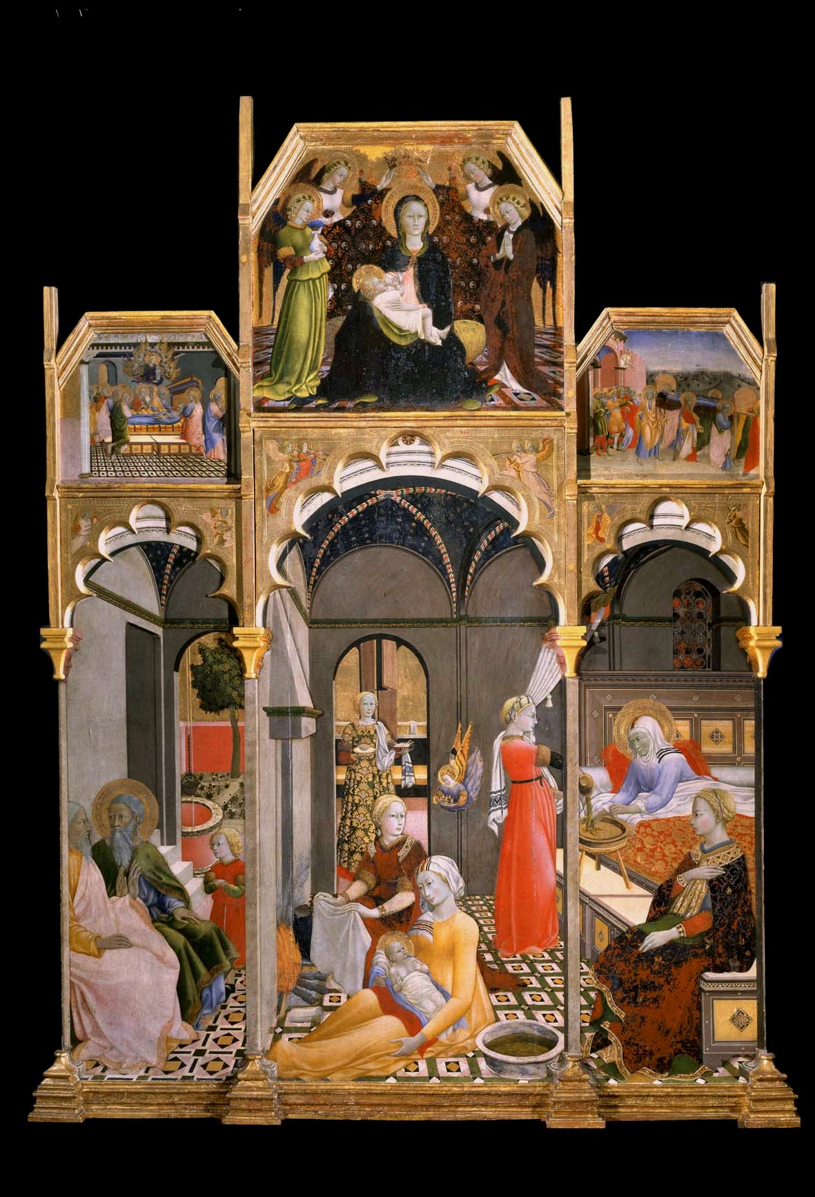 Birth of the Virgin with other scenes from her life by Master of the Osservanza
