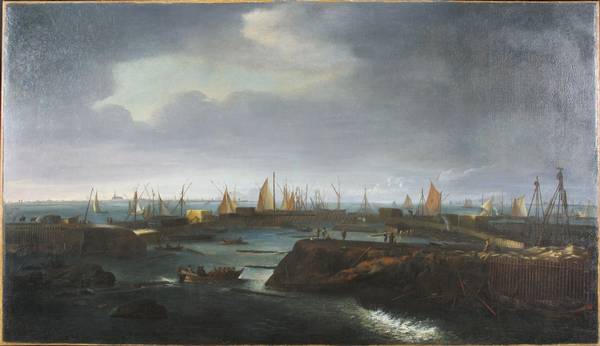 Repair of the Zuiderzee dyke at Schardam after the All Saints' Flood of 1675; in the distance the town Hoorn by Matthias Withoos