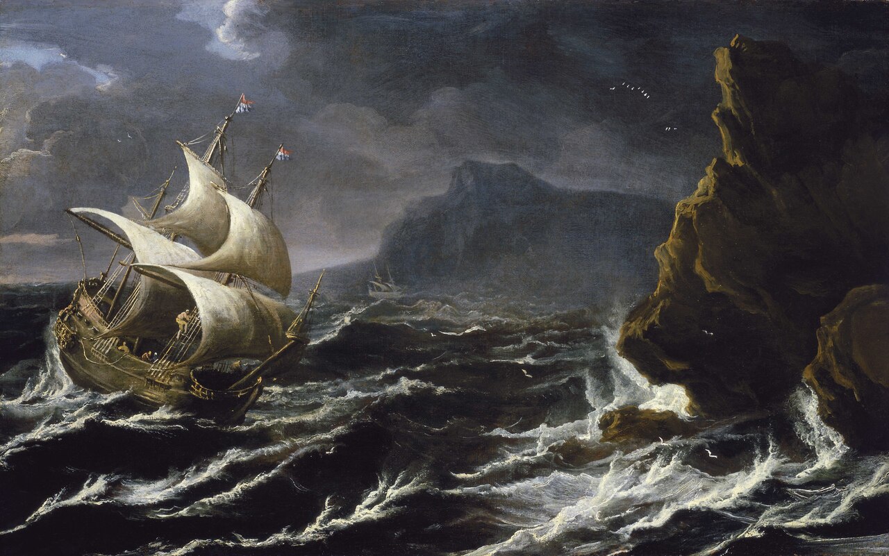A Dutch Ship Running onto a Rocky Coast by Matthieu van Plattenberg