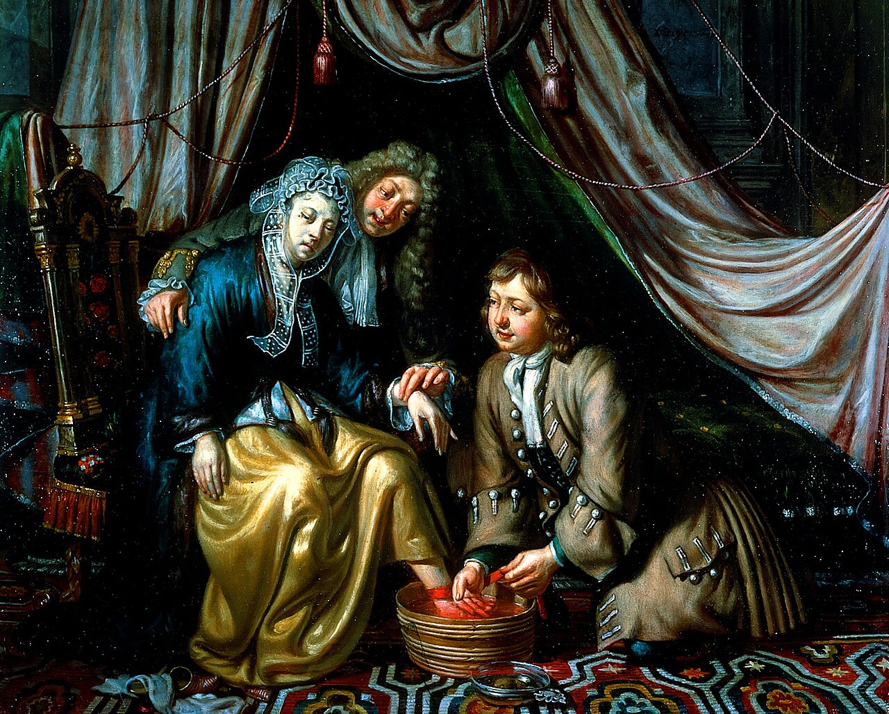 A female patient, seated, whilst one physician takes her pulse and another bleeds her foot by Matthijs Naiveu