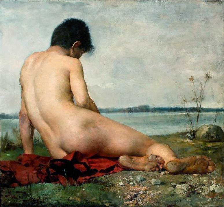Male nude in a landscape by Maurycy Trębacz