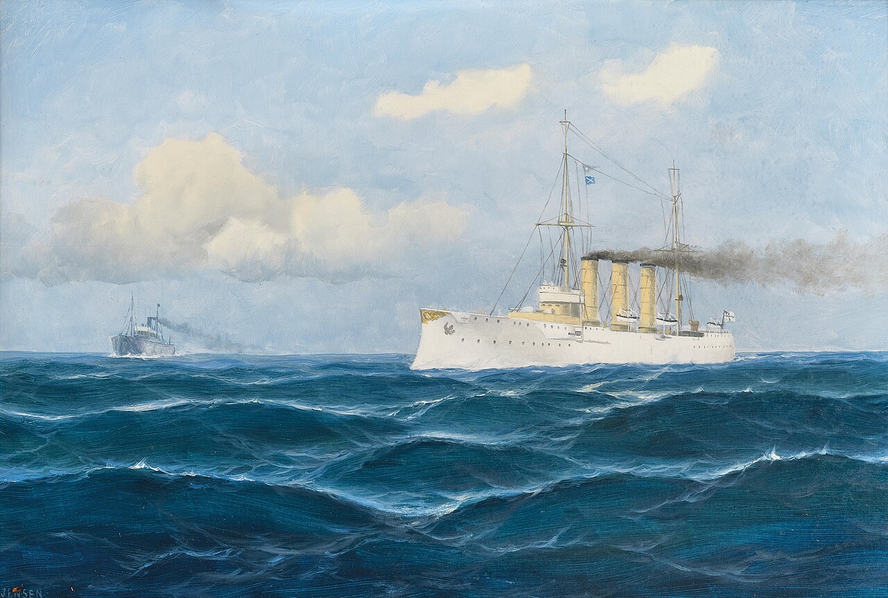 The cruiser "Nürnberg" gives the order to stop to a merchant ship by flag signals by Max Jensen