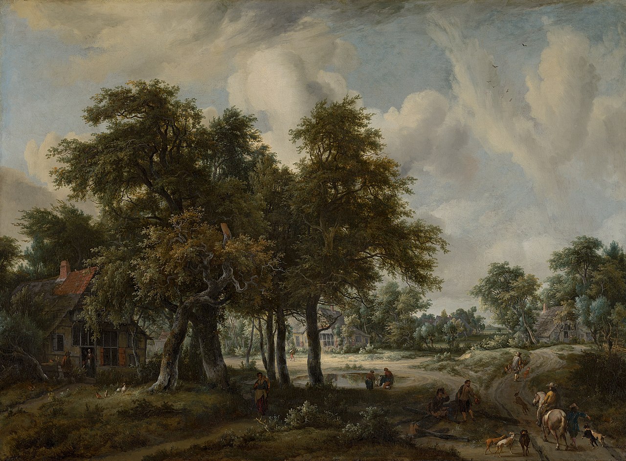 Wooded landscape with cottages by Meindert Hobbema
