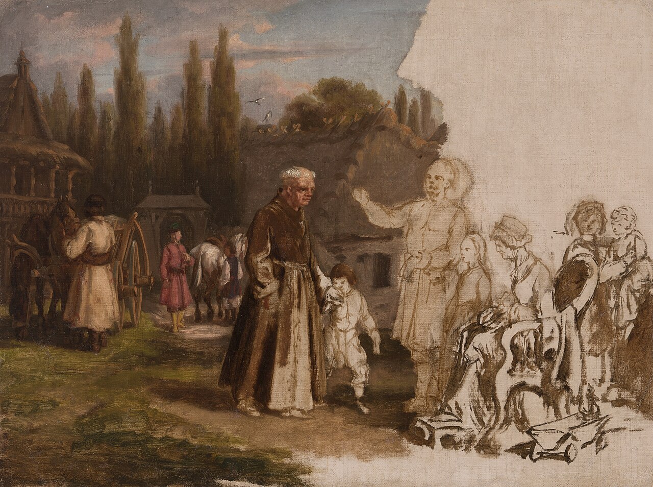 A Nobleman's Family and a Monk by Michał Elwiro Andriolli