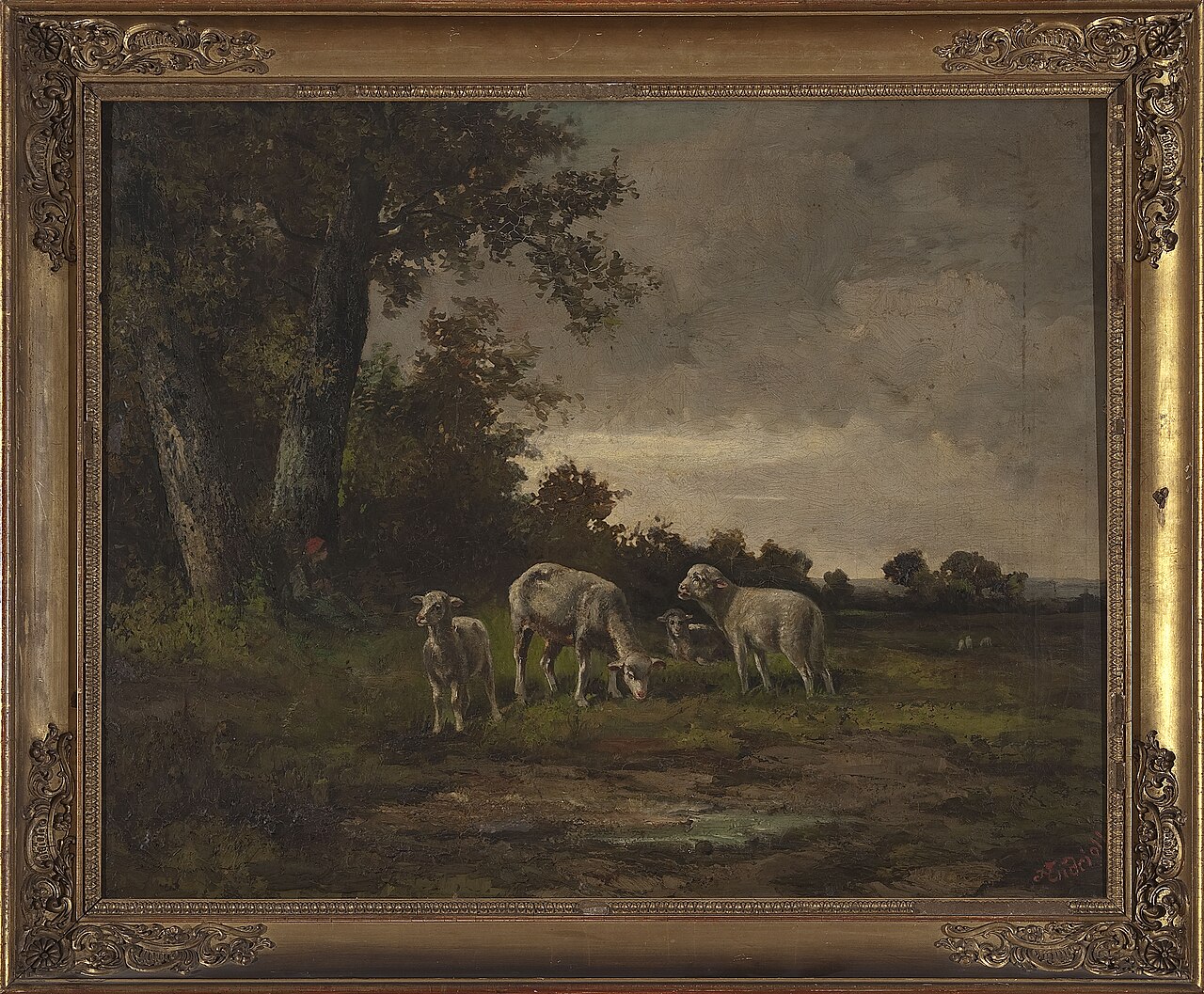 Sheep in the meadow at the forest edge by Michał Elwiro Andriolli