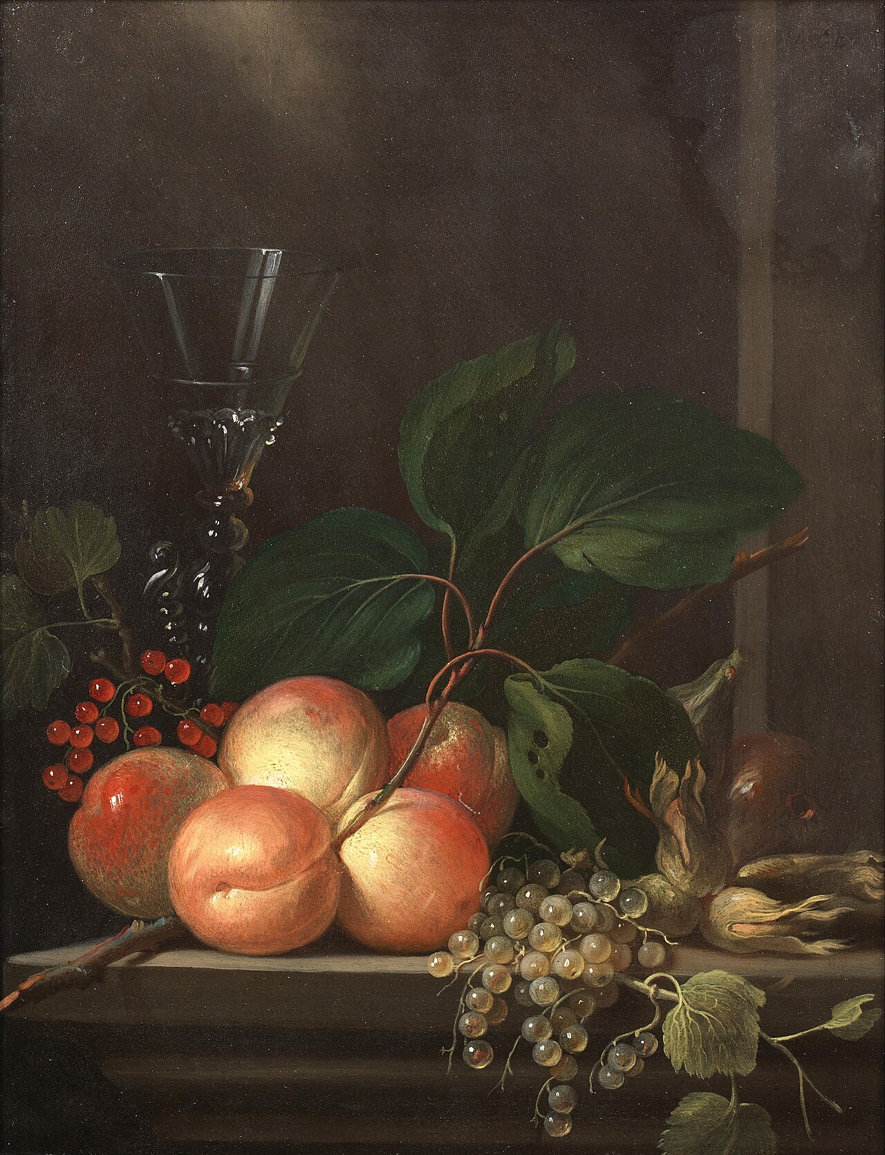 Peaches, grapes, redcurrants, white currants, hazelnuts and a glass on a stone ledge by Michel Bouillon