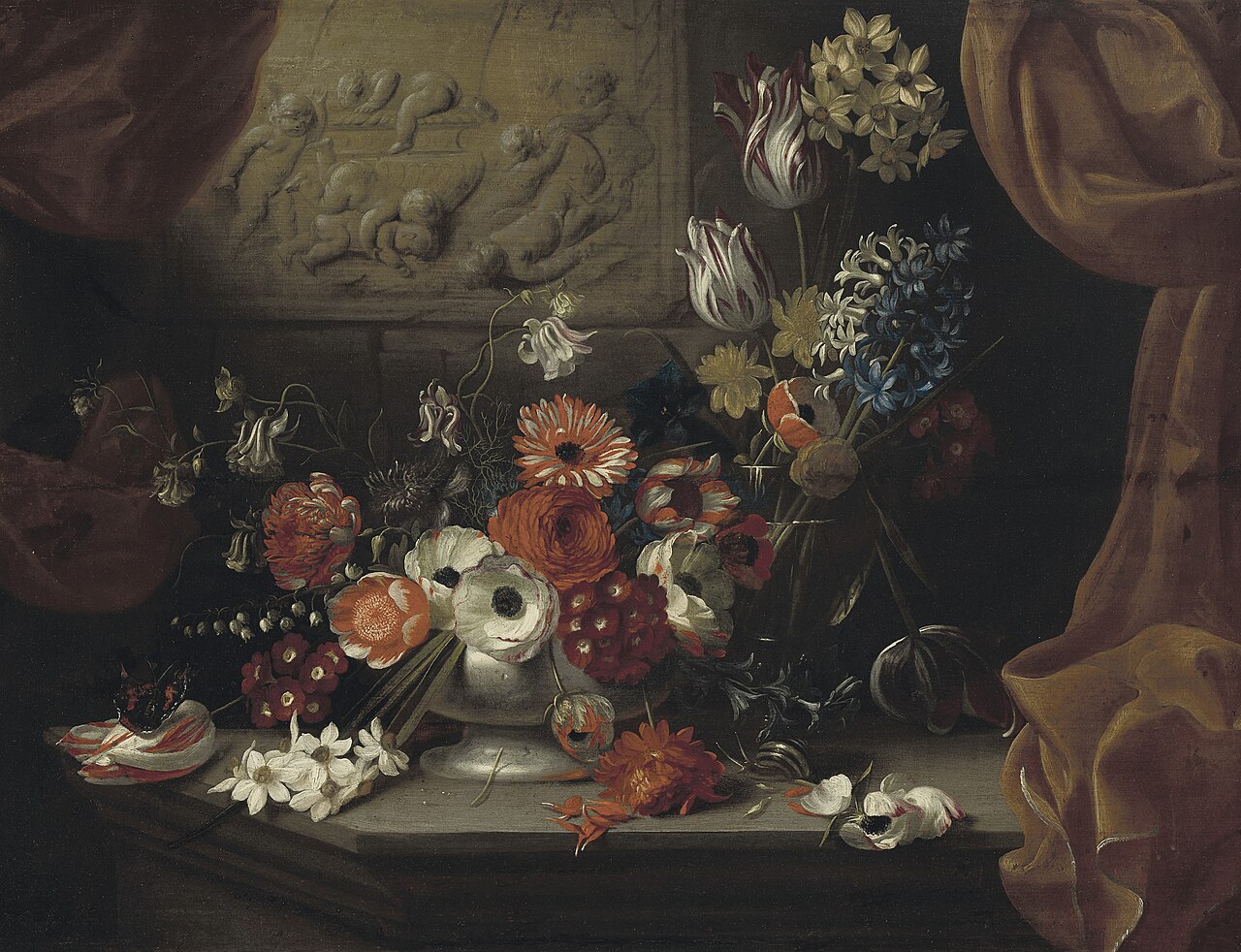 Poppies, a rose, a tulip and other flowers in a low vase by Michel Bouillon