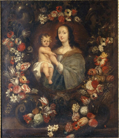 Virgin and Child in a garland of flowers by Michel Bouillon