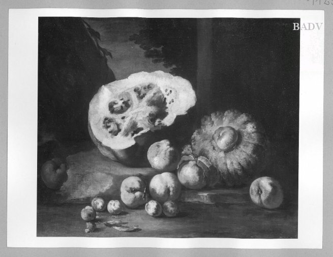 A watermelon, squash, peaches and plums on a stone ground by Michele Pace del Campidoglio