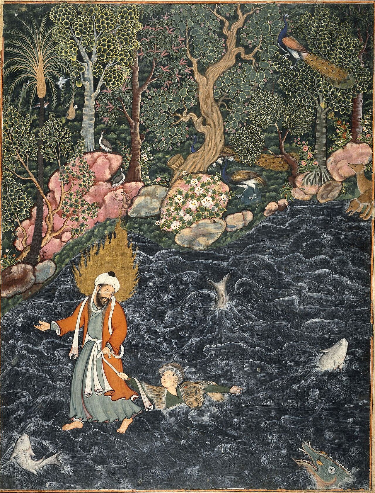 Elijah rescuing Prince Nur ad-Dahr from drowning in a river by Mir Sayyid Ali