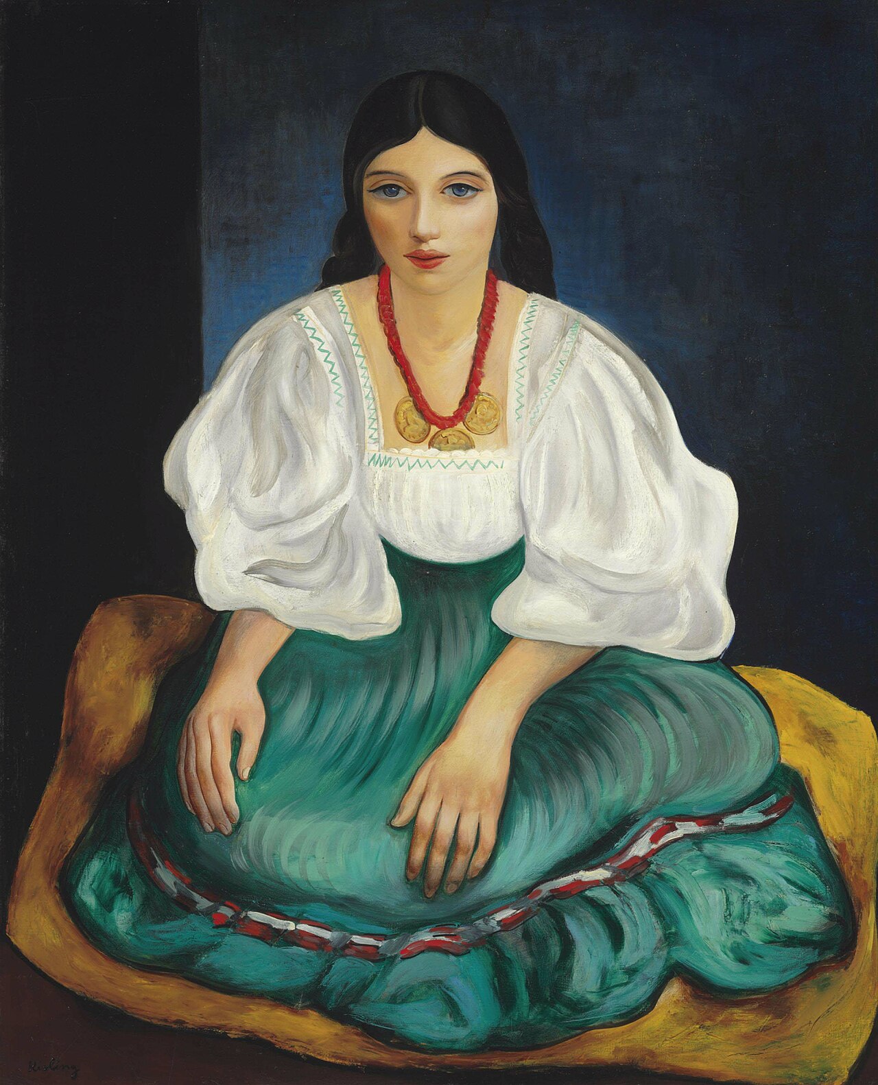 Woman in green skirt by Moïse Kisling