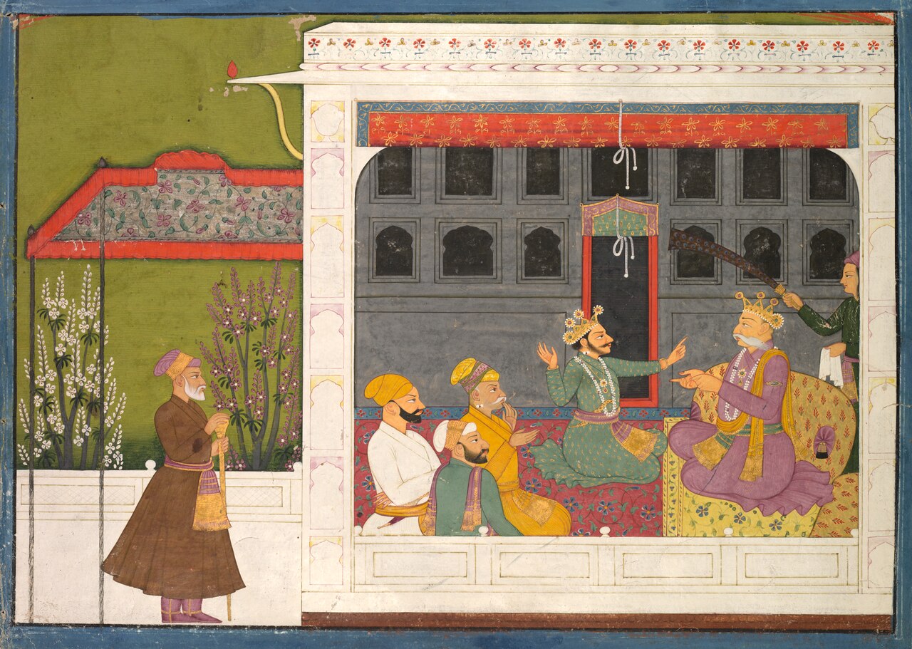 Shispul Arguing with Rukmini's Father, Bhishmaka, page from a Rukmini Mangal series by Mola Ram