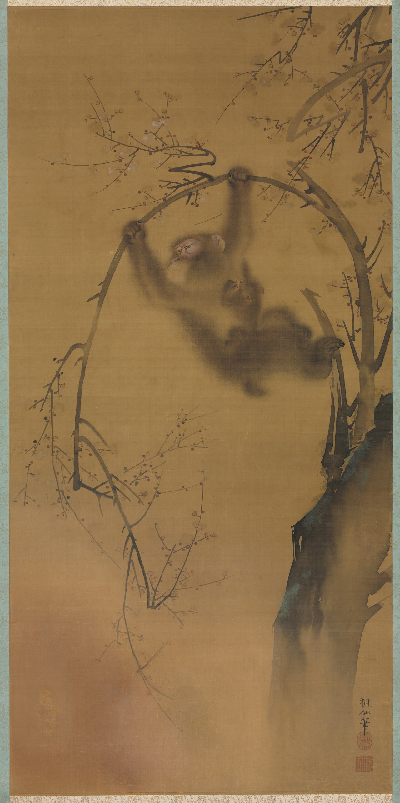 Monkeys in a Cherry Tree; Monkeys on a Rock Ledge by Mori Sosen