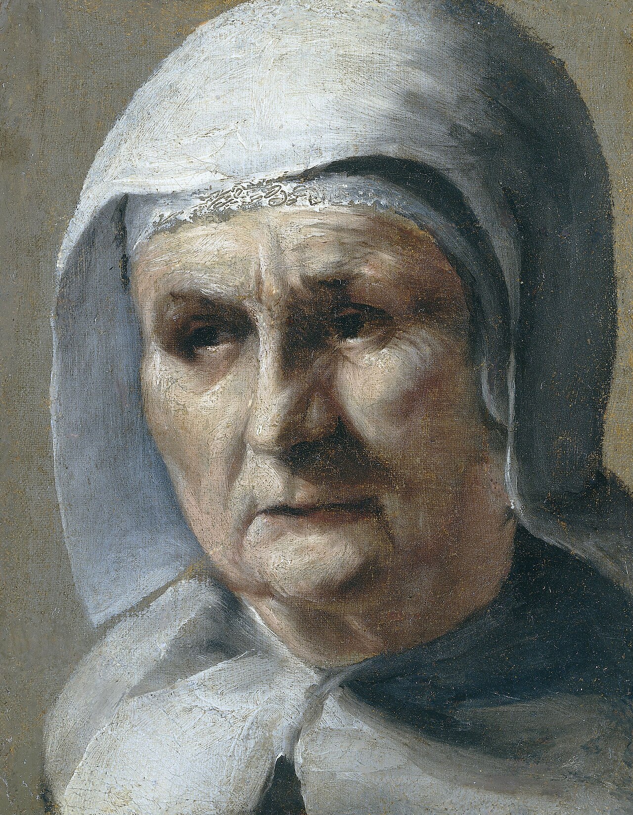 Portrait of an old woman wearing a white cap by Moses ter Borch