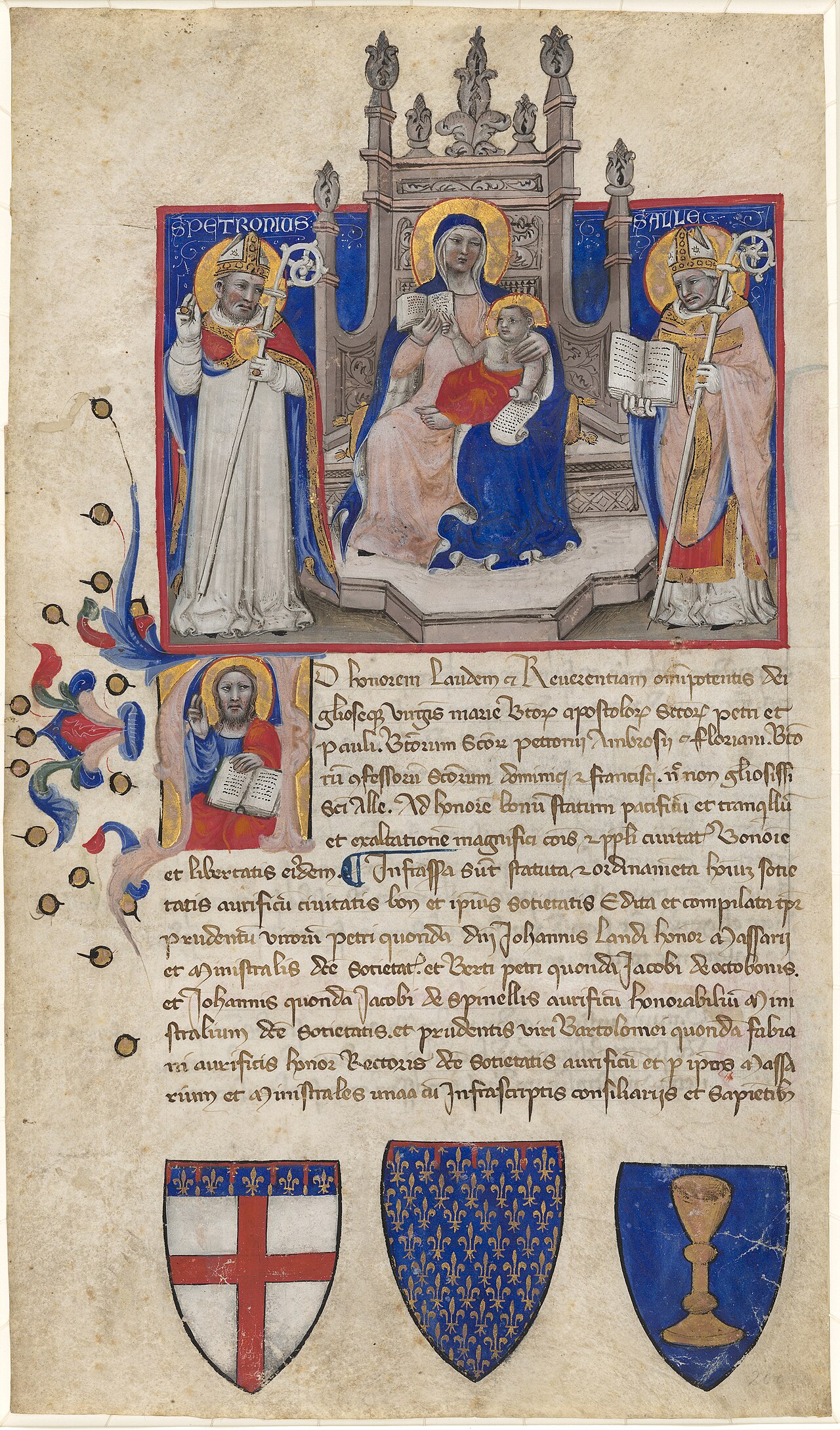 Madonna and Child Enthroned between Saints Petronius and Alle (Eligius); Christ in the Initial A by Niccolò da Bologna