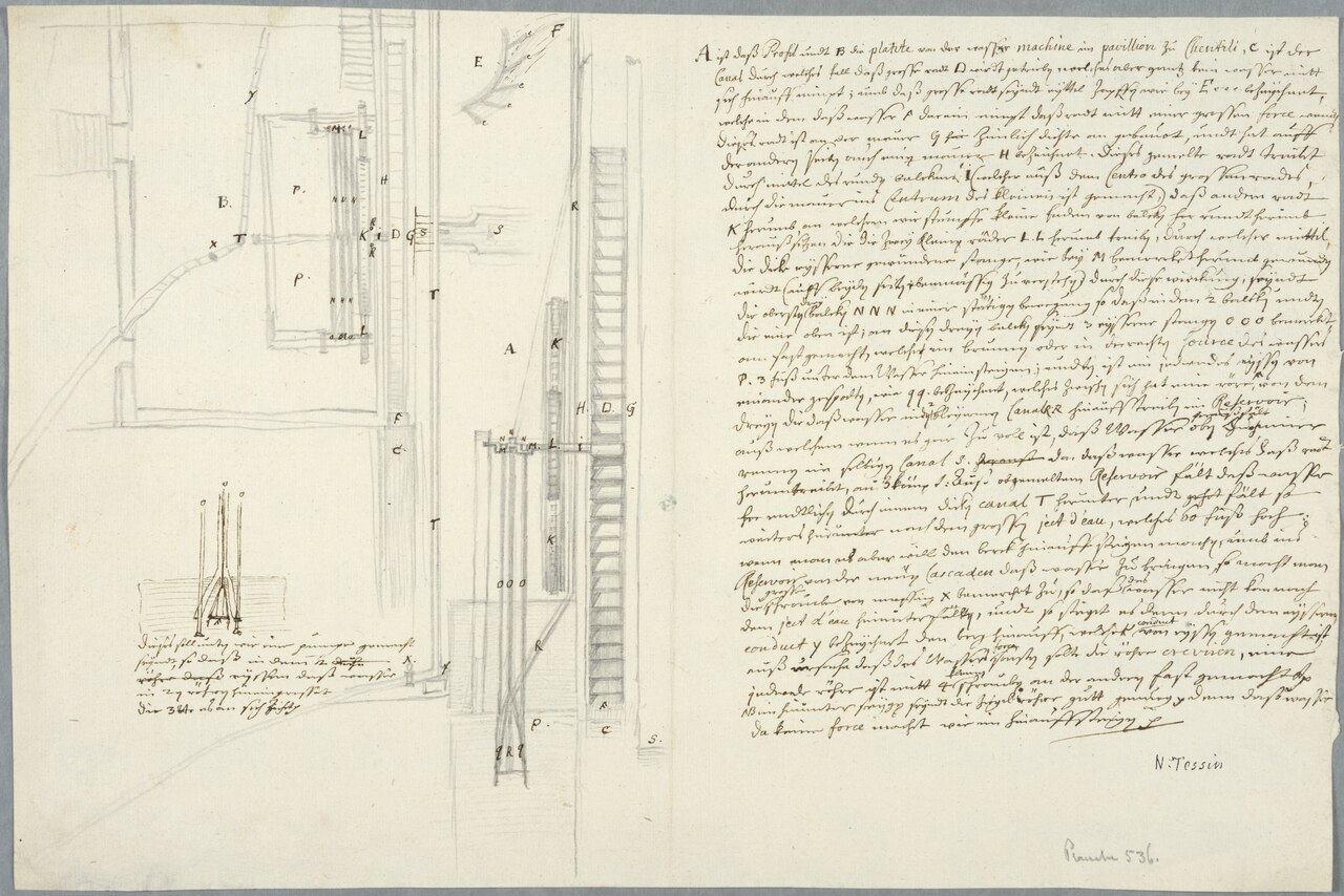 Hydraulic Wheel in Chantilly. Section with explanations in German by Nicodemus Tessin the Younger
