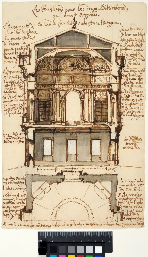Proposal for a Library Pavilion for the Louvre, Paris. Section with interior elevation and plan by Nicodemus Tessin the Younger