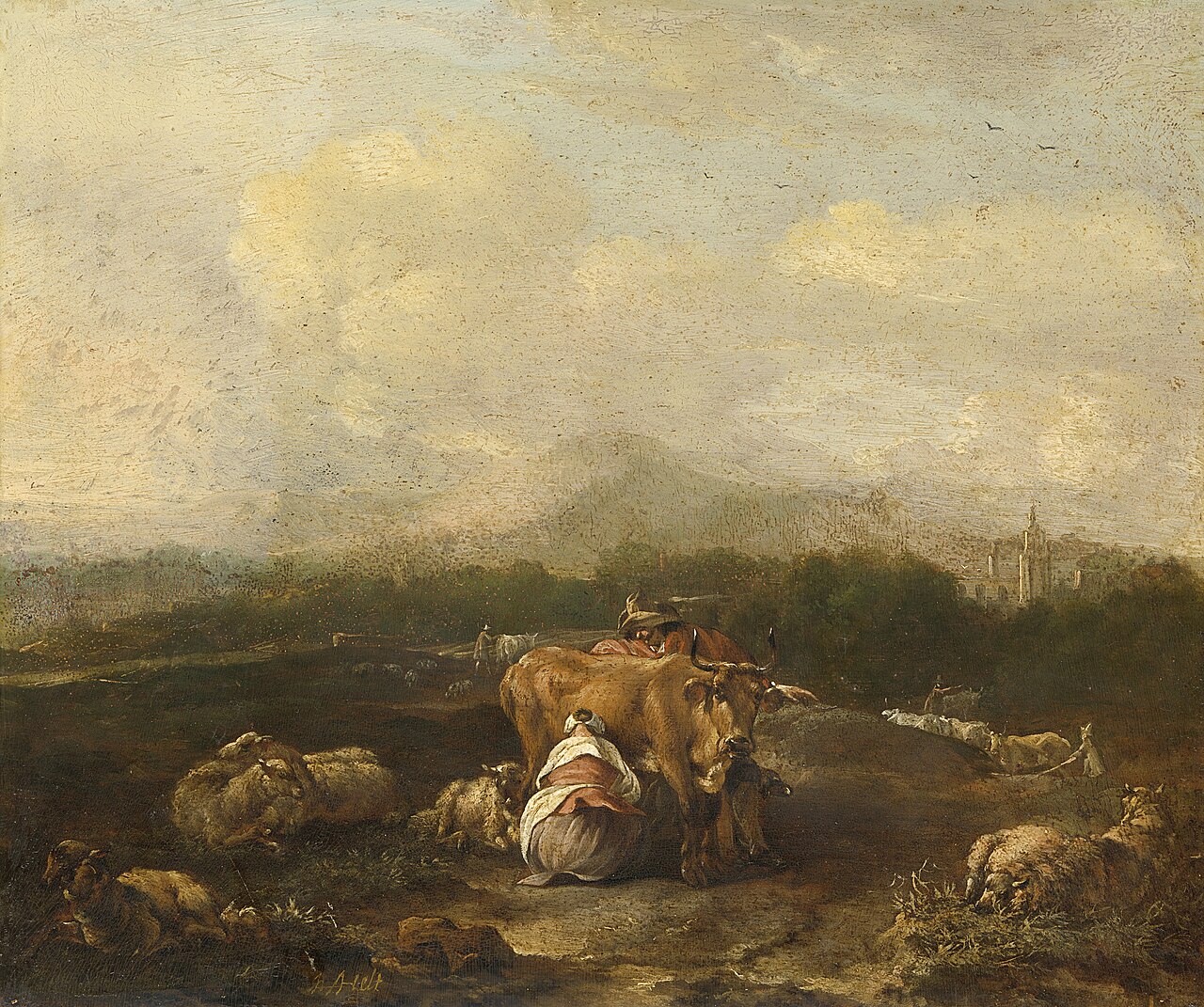Italian landscape with cattle by Nicolaes de Helt Stockade