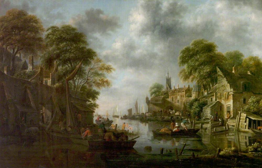 River Scene with Boats and Figures by Nicolaes Molenaer