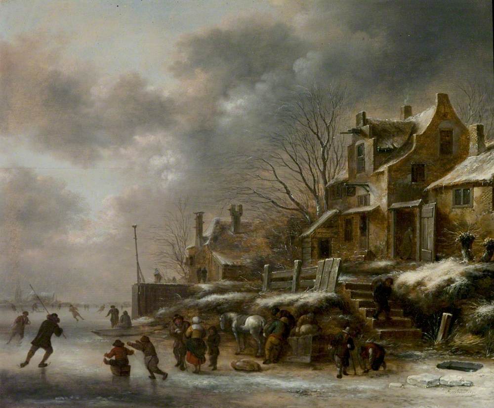 Winter Scene, River with Figures Skating by Nicolaes Molenaer