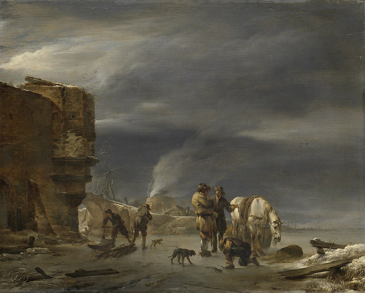 On the ice near a town by Nicolaes Pieterszoon Berchem