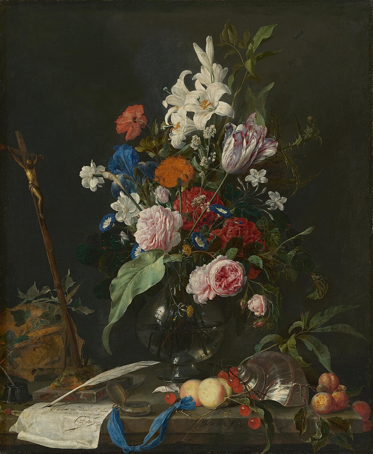 Flower still-life with a skull and crucifix by Nicolaes van Verendael