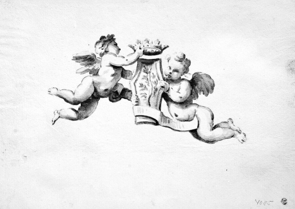 Två putti med vapensköld by Nicolas Dorigny