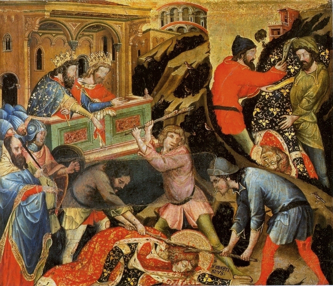 St Sebastian Beaten with Sticks. by Nicolò Semitecolo