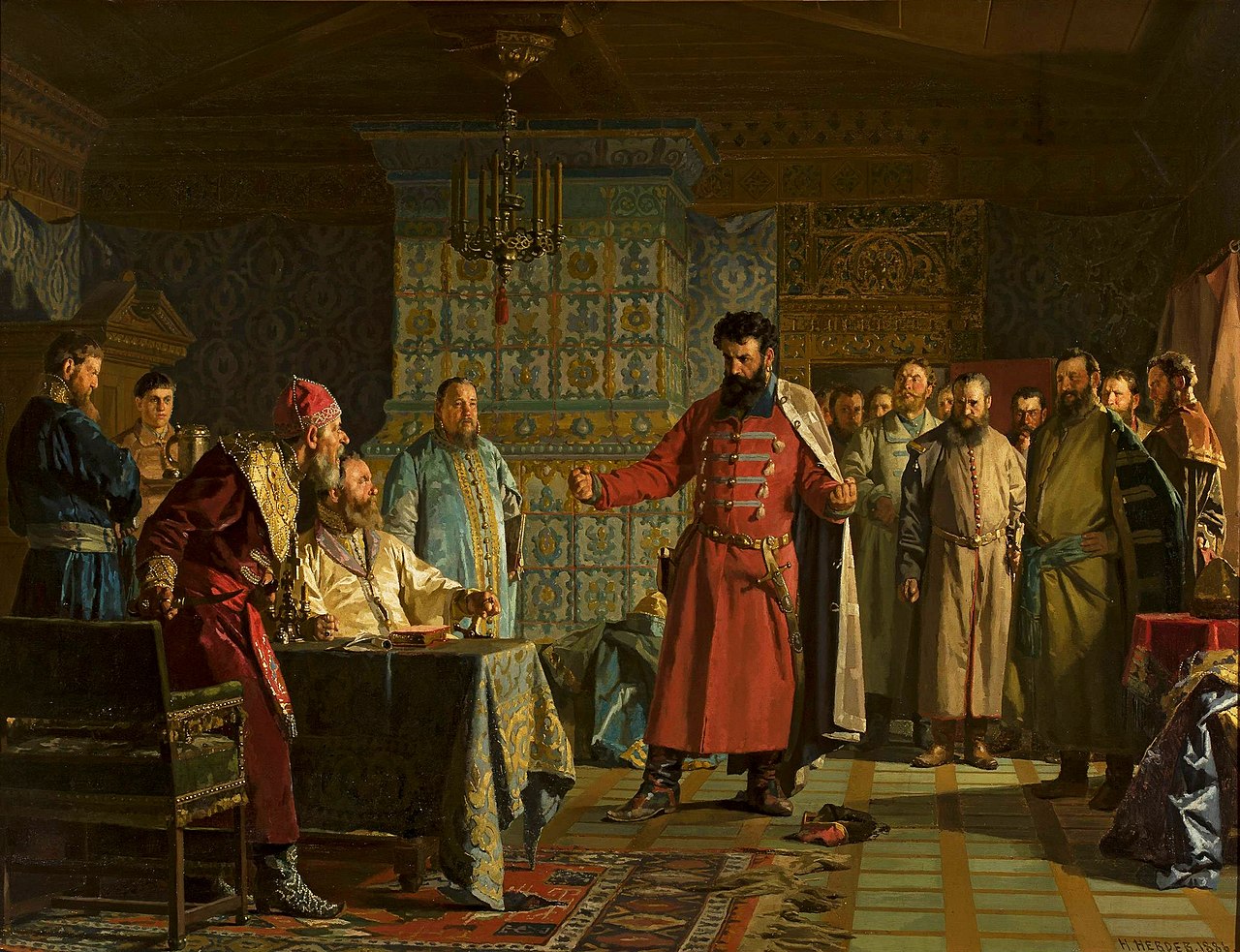 Zakhary Lyapunov's quarrel with the Tsar Vasili Shuysky at Kremlin. by Nikolai Nevrev