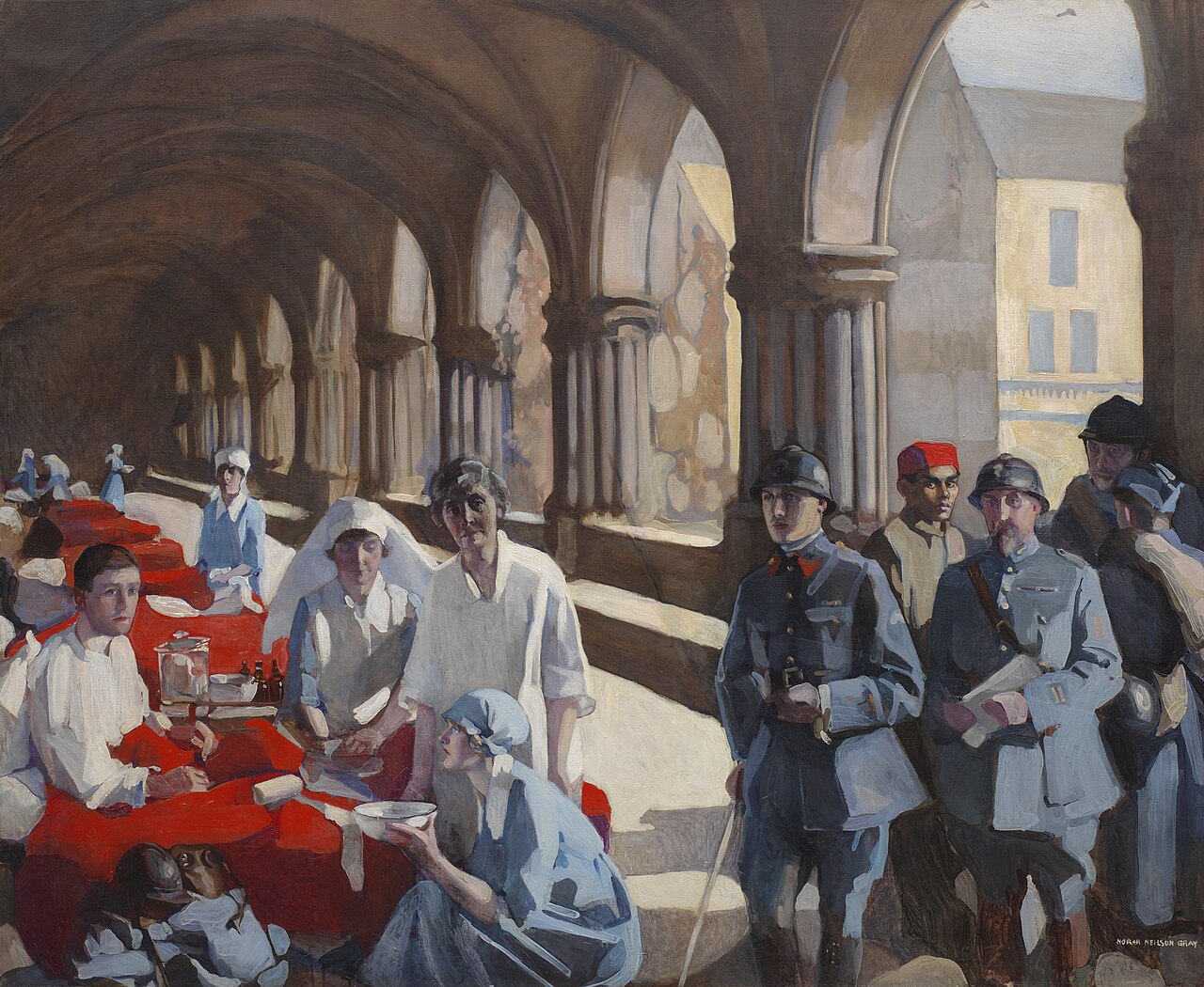 The Scottish Women's Hospital: In the Cloister of the Abbaye at Royaumont, Dr Frances Ivens Inspects a French Patient by Norah Neilson Gray