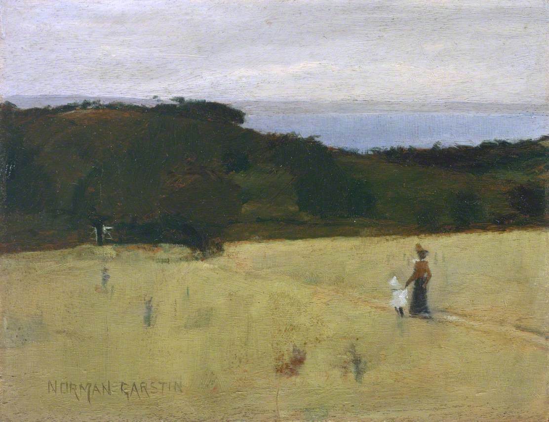 Mount’s Bay and Tolcarne from Trewidden Farm Footpath with Alethea and her Mother by Norman Garstin