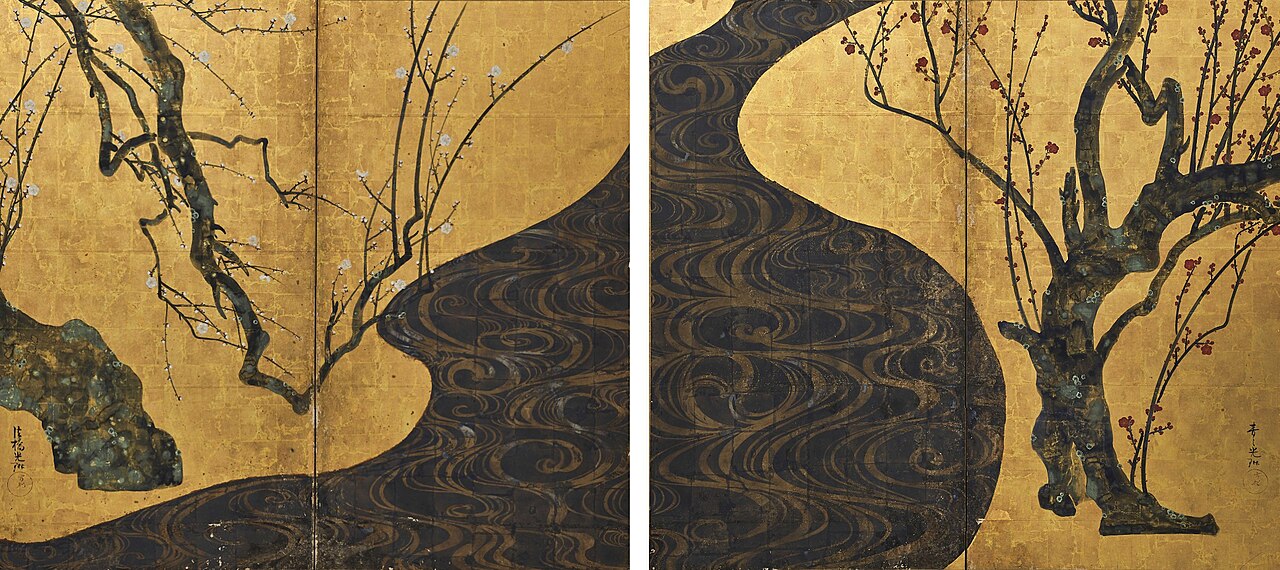 Red and White Plum Blossoms by Ogata Kōrin