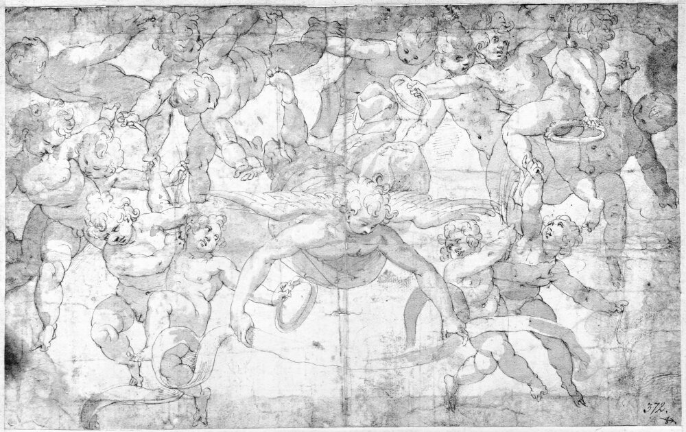 Angel holding a ribbon, surrounded by putti by Orazio Samacchini