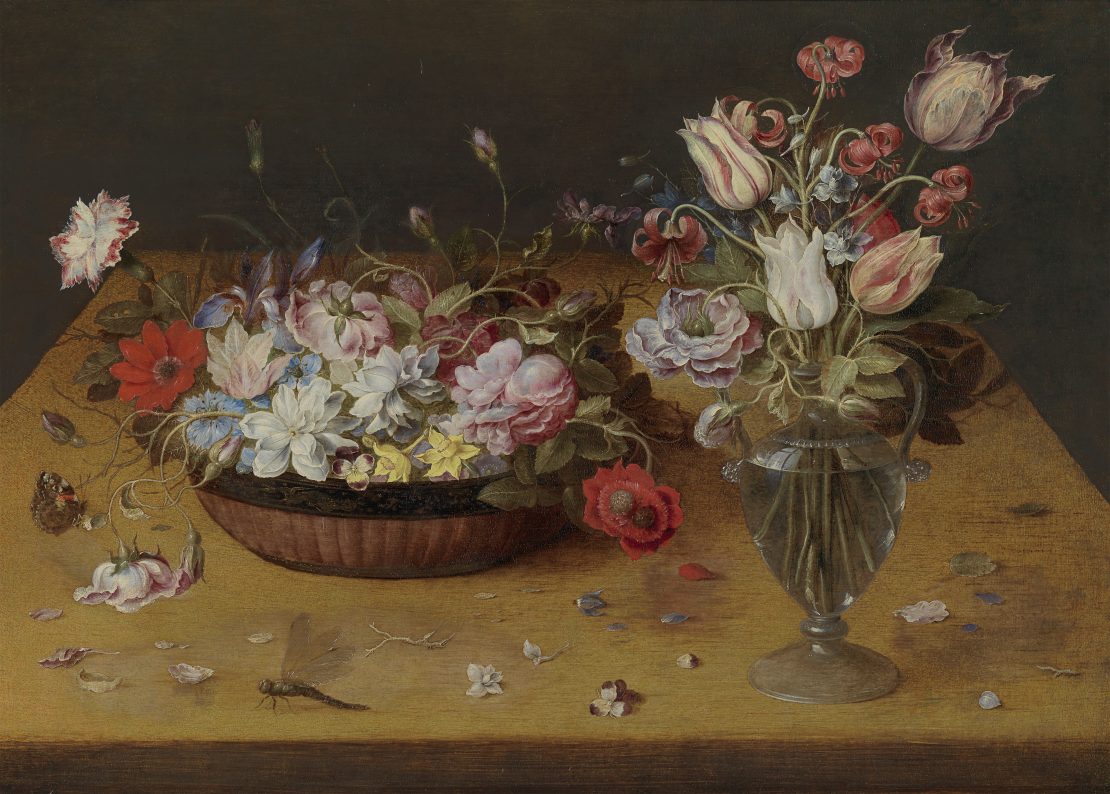 Flowers in a lacquer basket and in a glass vase by Osias Beert