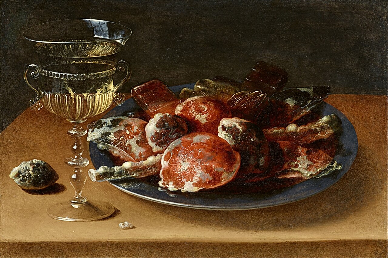 Still Life of Sweets on a Pewter Plate and a Façon de Venise Wineglass on a Wooden Ledge by Osias Beert