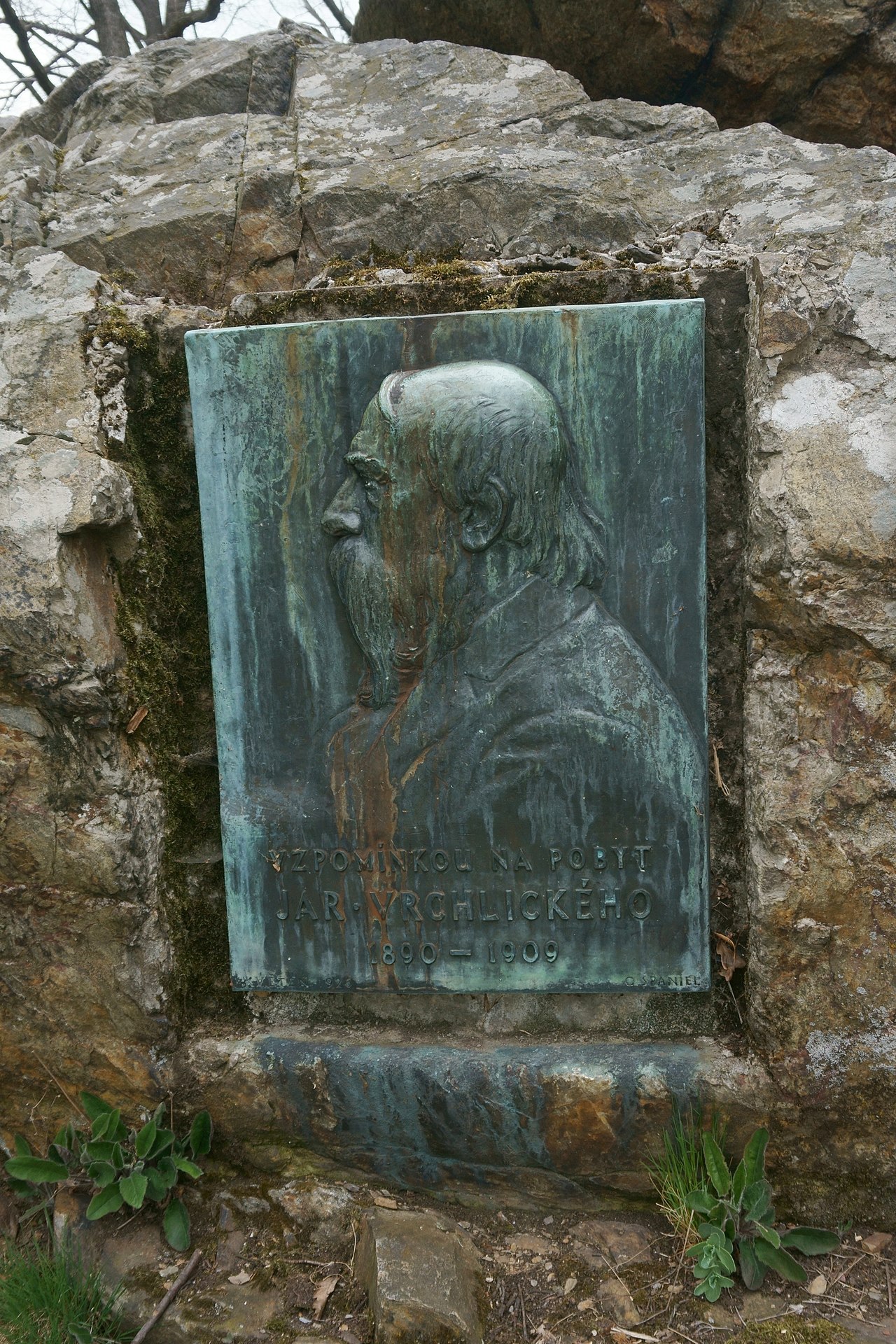 Plaque to Jaroslav Vrchlický at Vrchlického návrší by Otakar Španiel