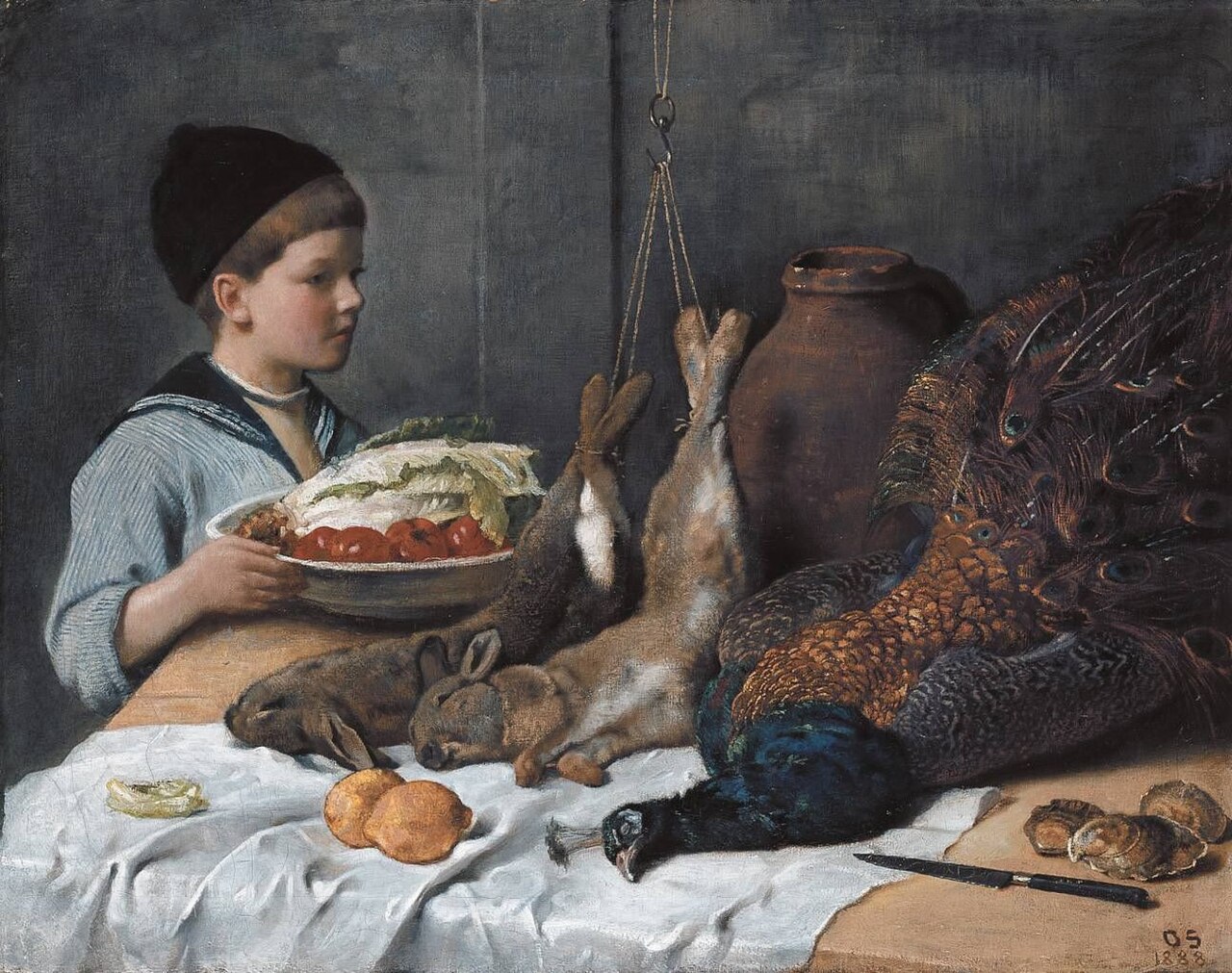 Boy with dish with vegetables and dead game by Otto Scholderer