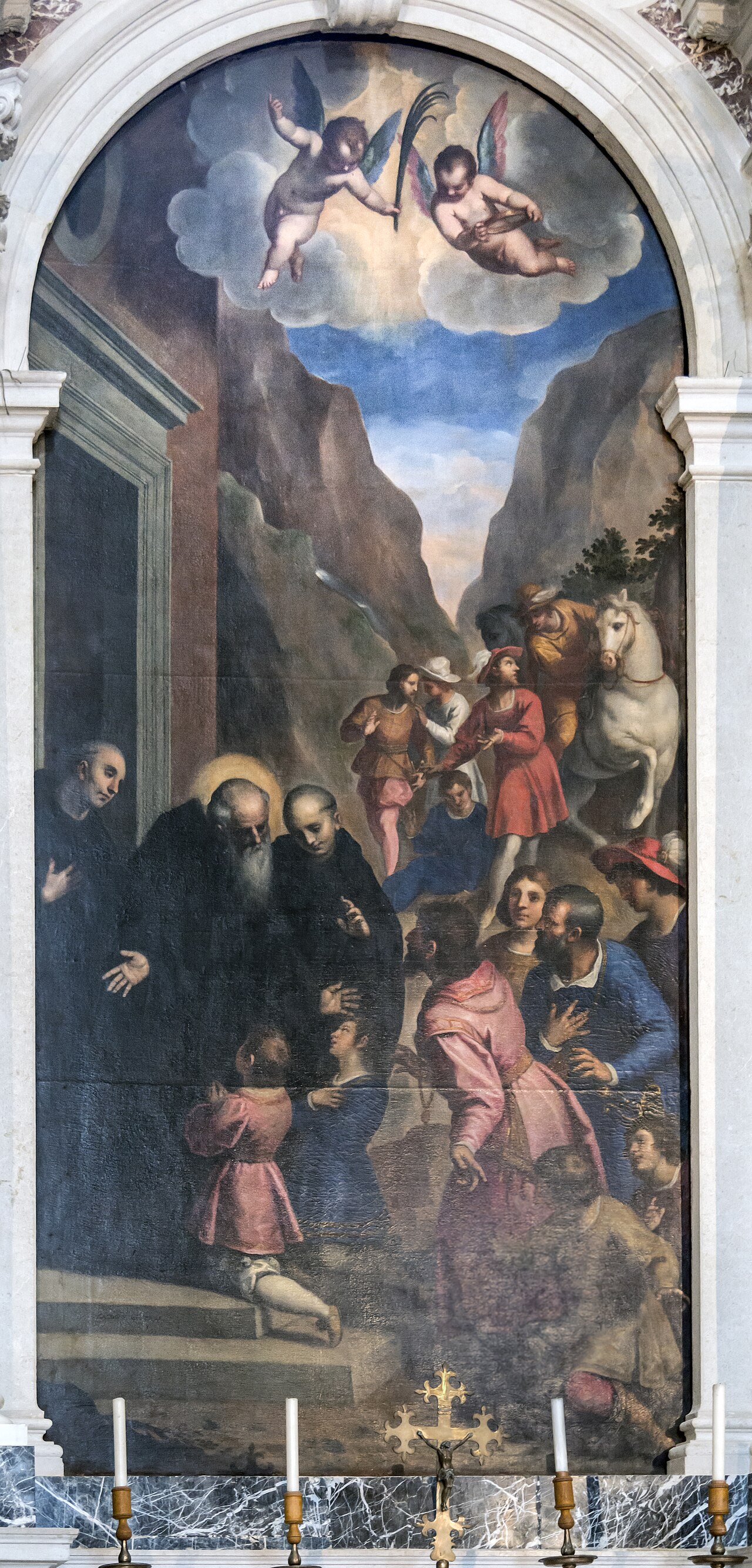 St. Benedict welcomes his disciples, Maurus and Placidus by Palma il Giovane