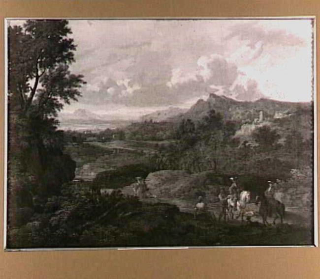 Southern landscape with horsemen and resting travelers by Pandolfo Reschi