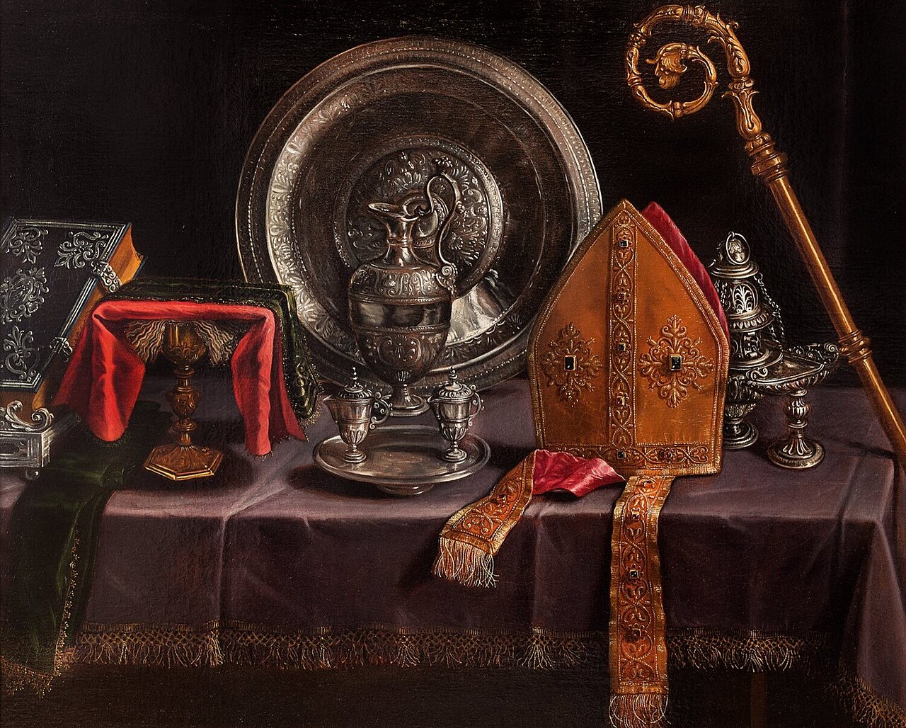Still life with silverware and bishop's vestments by Paolo Antonio Barbieri