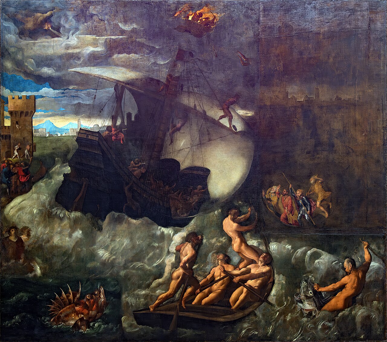 Saints Mark, George and Nicholas  free Venice from the Demons (Sea Storm) by Paris Bordone