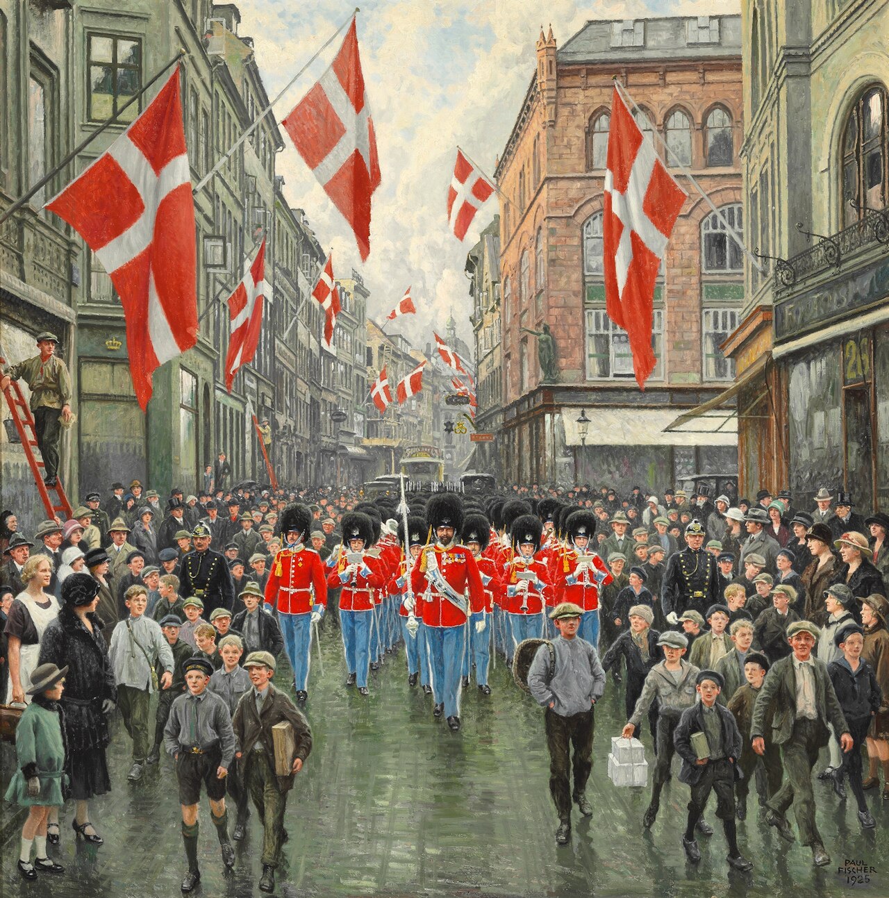 The King's birthday. The Royal Guard in red gala in Østergade by Paul Fischer