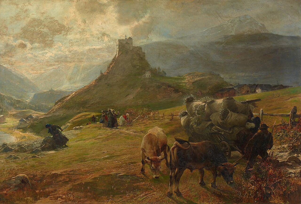 Mountain landscape with cows. Tarasp by Paul Friedrich Meyerheim