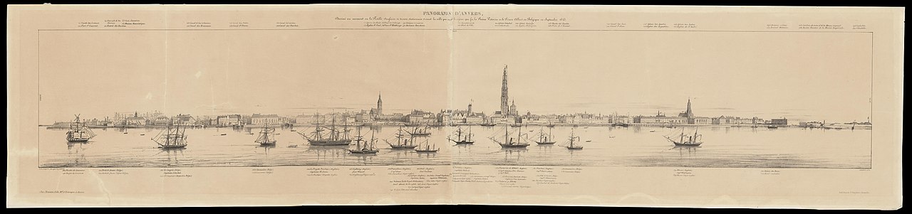 Panoramische zicht van de stad en de rede van Antwerpen vanuit het Vlaams Hoofd (Linkeroever) by Paul Lauters