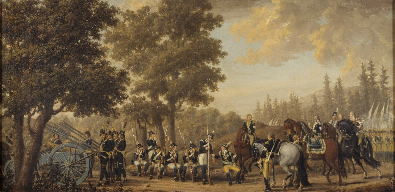 King Gustav III of Sweden & a Soldier.Episode from the Russian War 1789 by Pehr Hilleström