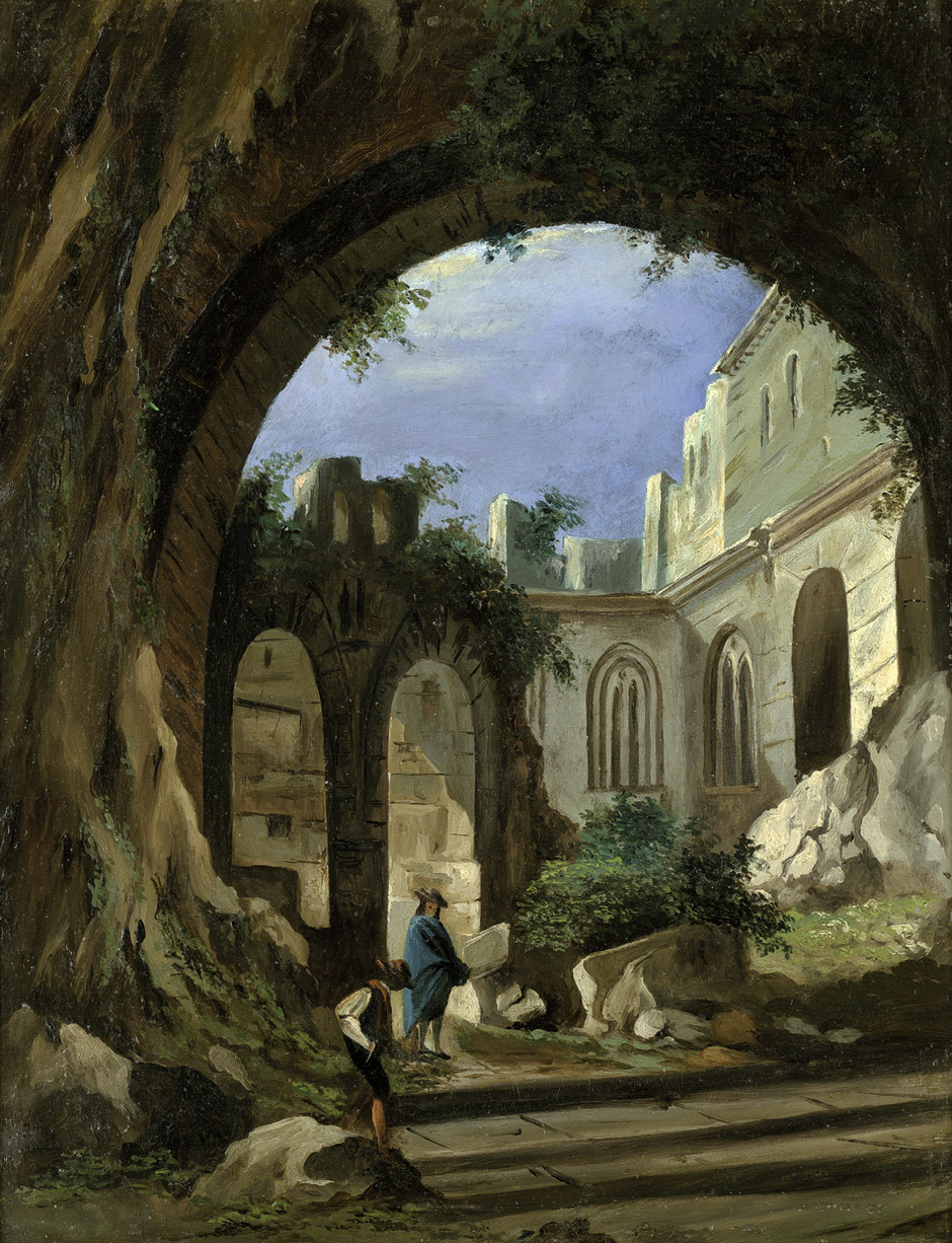 Monastery Ruins in the Moonlight with two Figures by Peter Birmann