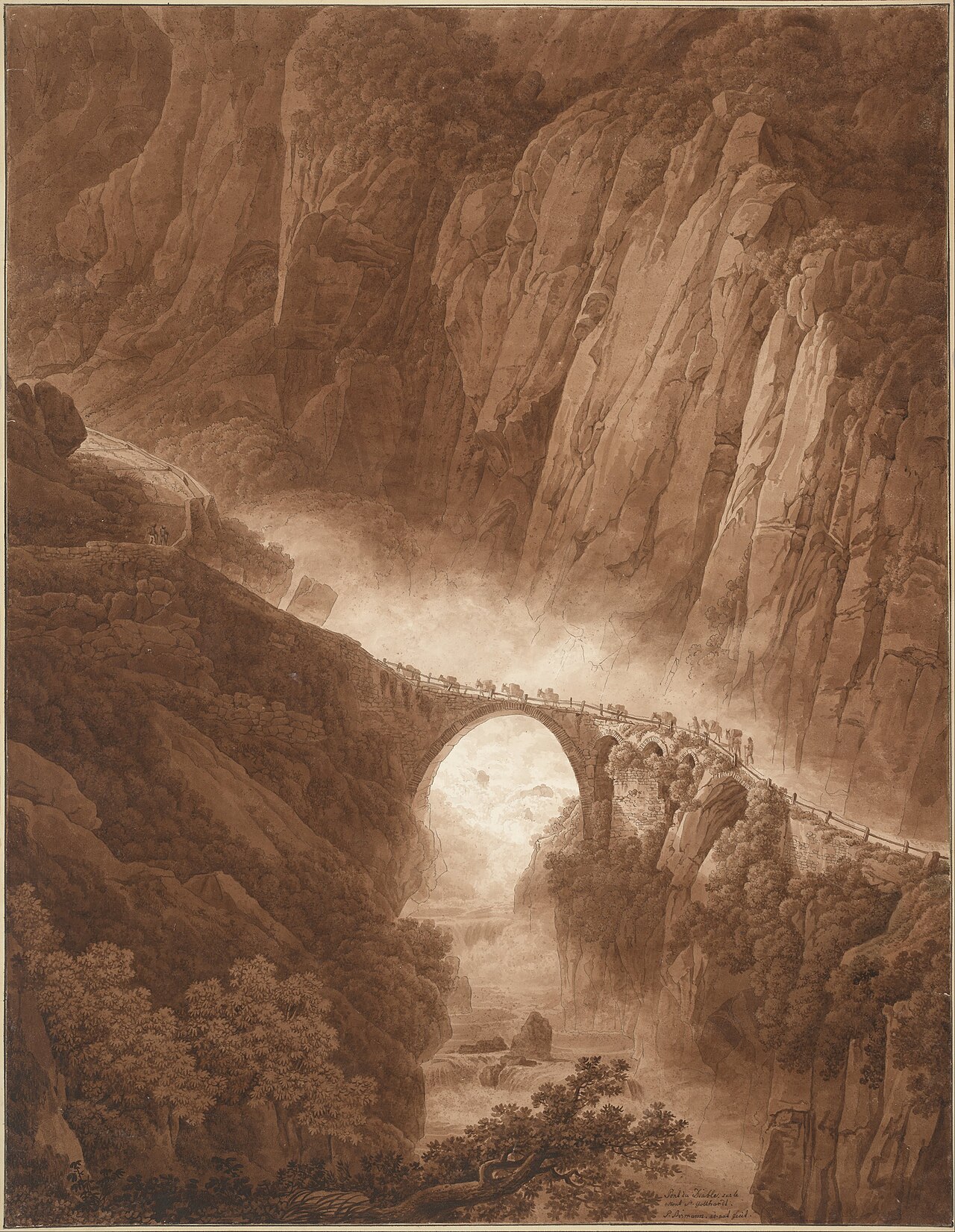The Devil's Bridge in the Schöllenen Gorge on the Way across the St. Gotthard Pass with a Mule Train by Peter Birmann