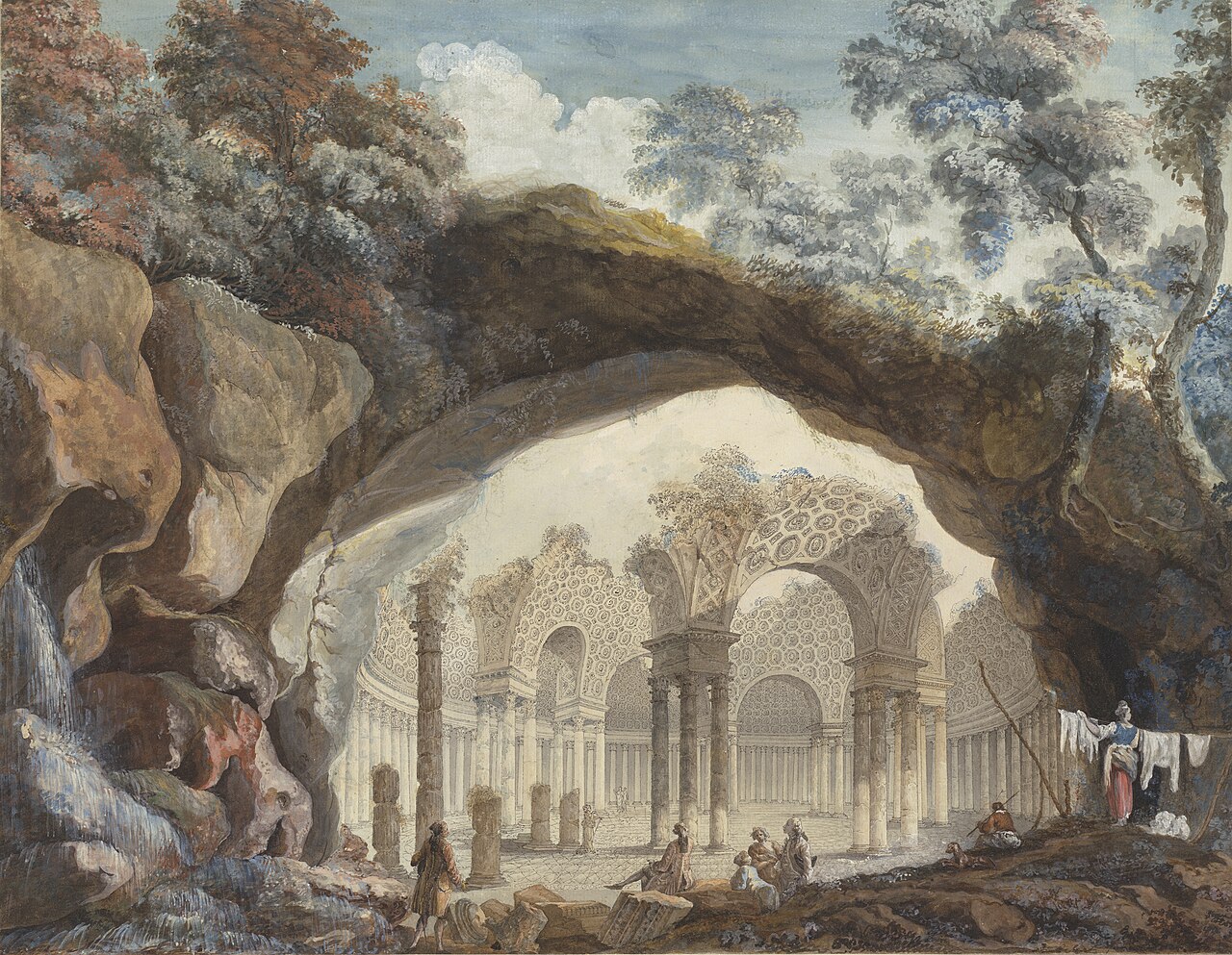 Architectural Fantasy: Ruins of a Circular Temple Seen through a Natural Arch by Pierre-Adrien Pâris