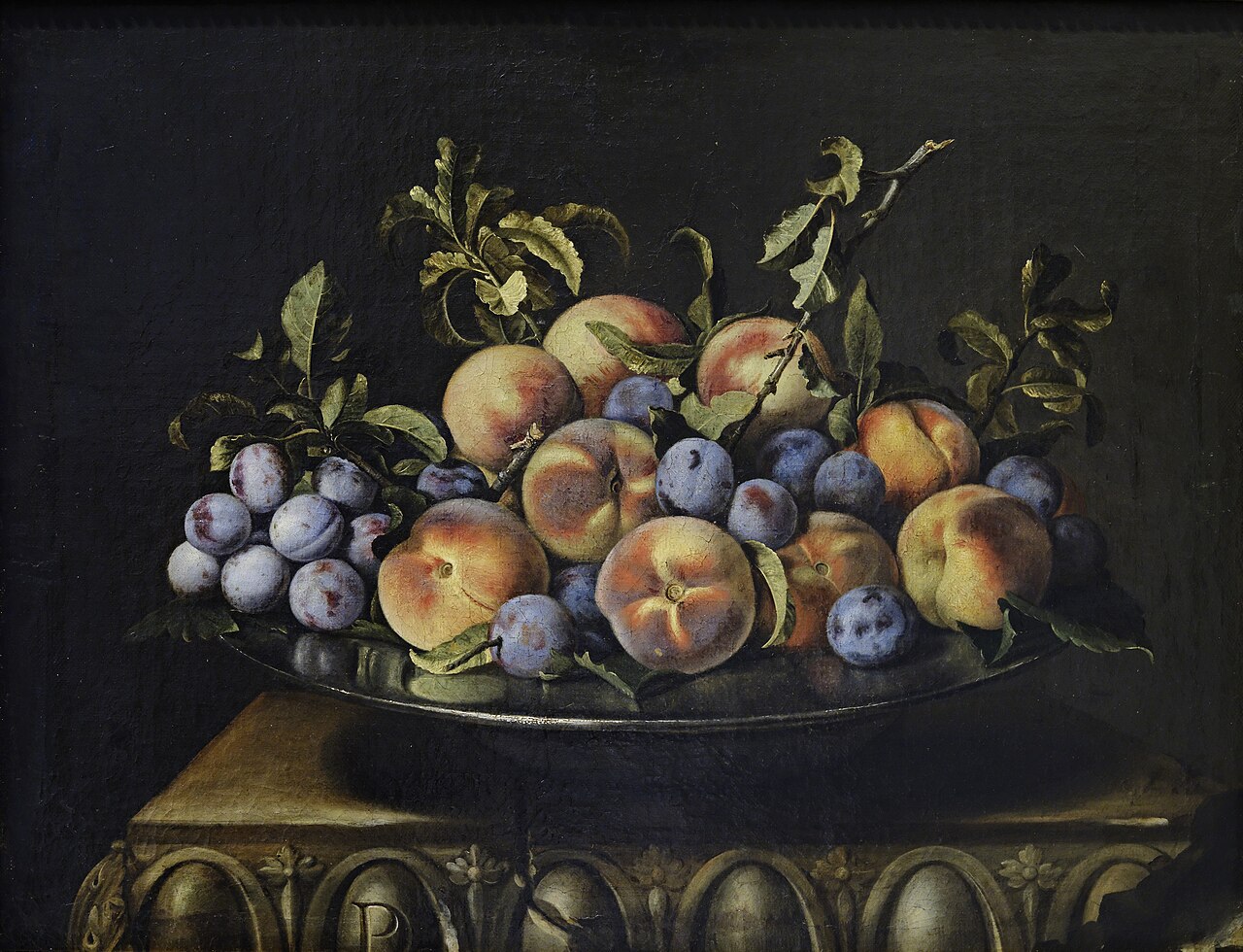 Peaches and prunes on a tin plate by Pierre Dupuis