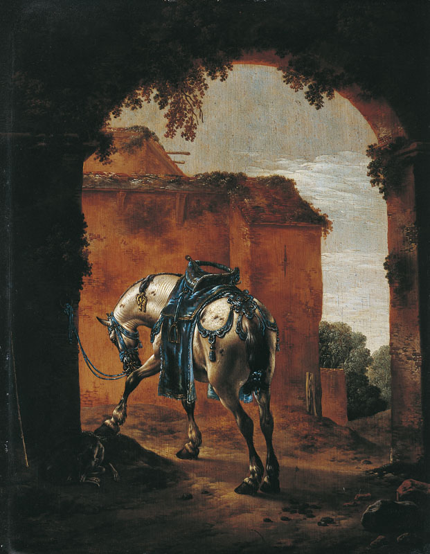 Horse standing under a gate by Pieter Cornelisz Verbeeck